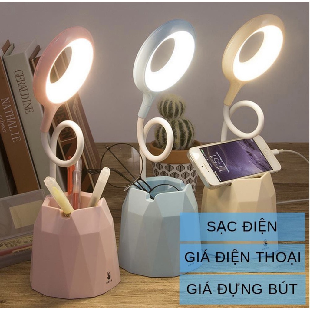 Đèn Bàn Tích Điện có giá để điện thoại cổng sạc USB đèn học chống cận.