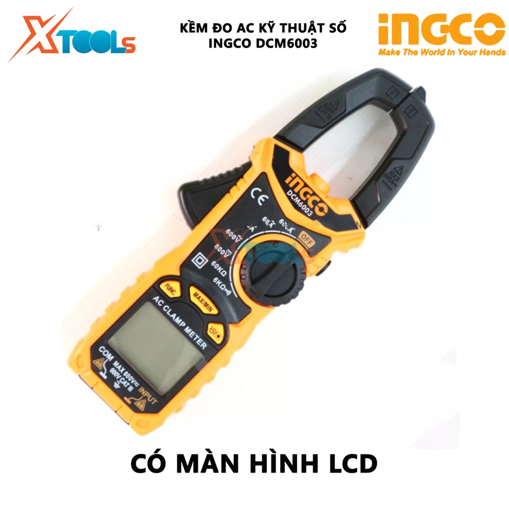 Ampe kìm đo AC kỹ thuật số INGCO DCM6003| Kềm đo AC kỹ thuật số 6000 số đếm, lưu giữ số liệu Dòng điện AC 2A/20A/200A/±(