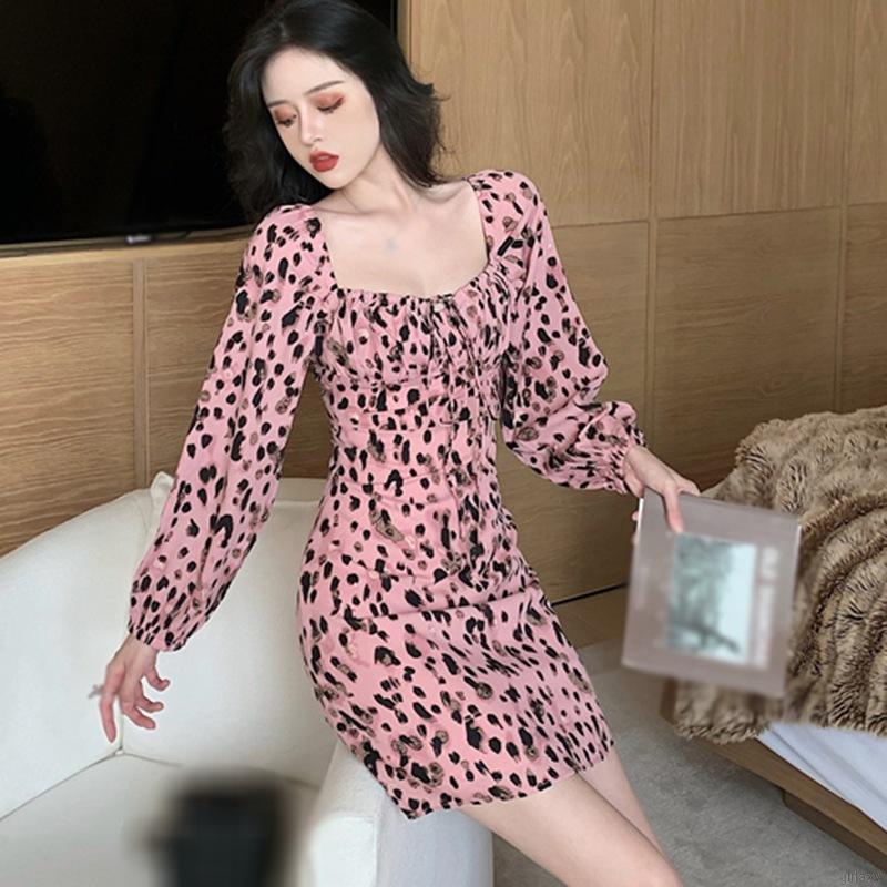 Đầm tay ngắn phồng cổ vuông in họa tiết da báo thời trang cho nữ