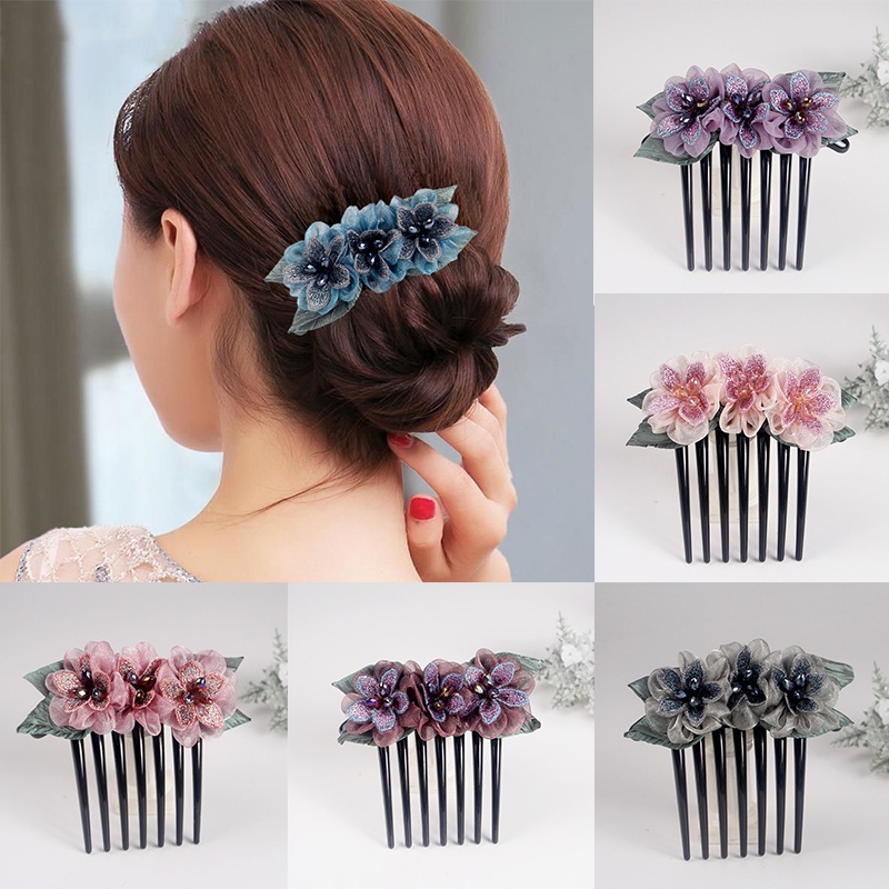Lược Cài Tóc Bằng Lụa Đính Đá Thiết Kế Đơn Giản Xinh Xắn Cho Nữ