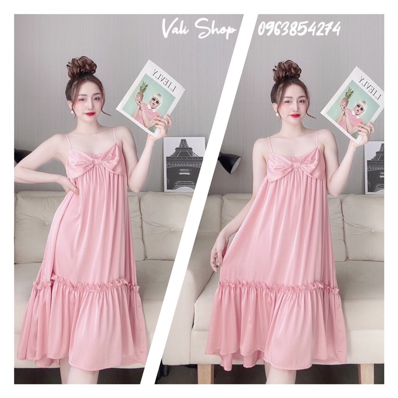 Váy ngủ lụa latin 2 dây màu trơn freesize 42-60kg