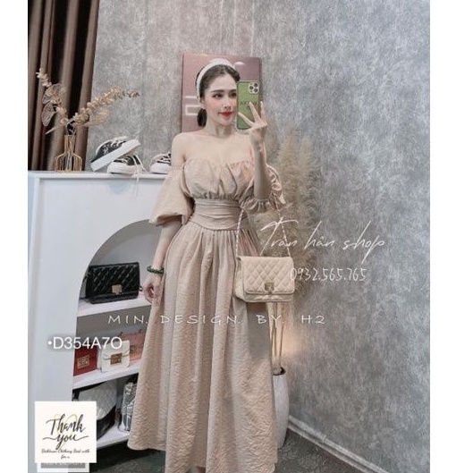 Đầm Váy Maxi Trễ Vai Nữ Nhún Xòe Tay Bồng Siêu Xinh Lụa Thô Mát Màu Nude Sang Chảnh Dự Tiệc Cho Nữ