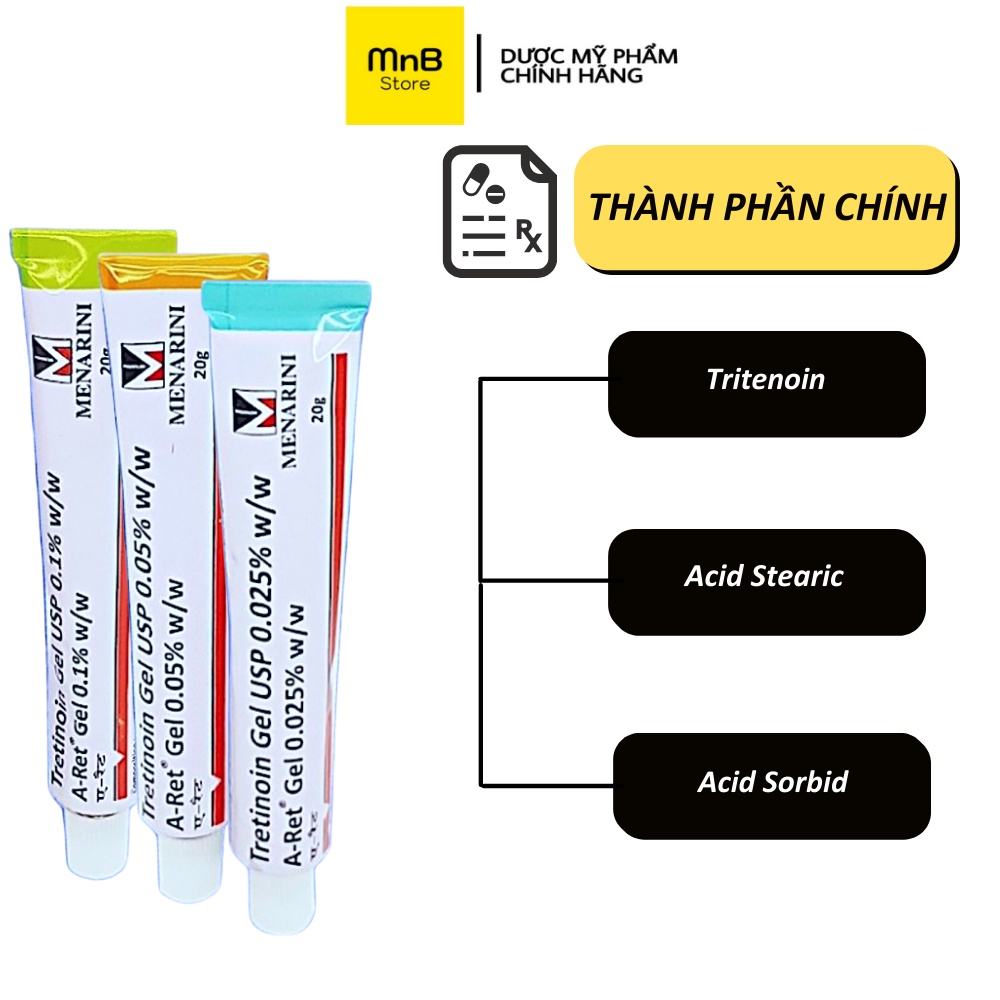 Tretinoin Gel USP Aret kem giảm mụn, mờ thâm nám, chống lão hóa 0.025%, 0.05%, 0.1% 20g