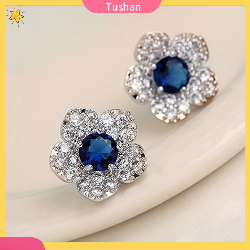 Khuyên tai hoa đính đá pha lê xanh lam hợp thời trang