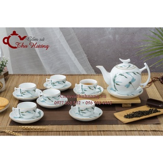 Bộ ấm chén Bát Tràng_Bộ bình trà bưởi cành vẽ trúc chuồn viền vàng kim