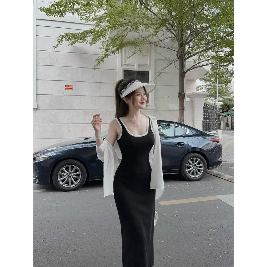 Đầm Hai Dây Dáng Dài Phối Viền Trắng Basic Kèm Aó Khoác Đũi CC0052