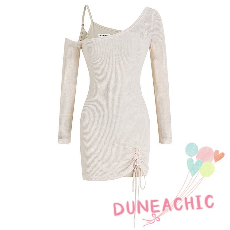 DUNEA Đầm Dài Tay Màu Trơn Thiết Kế Lệch Tà Thời Trang Đường Phố Cho Nữ