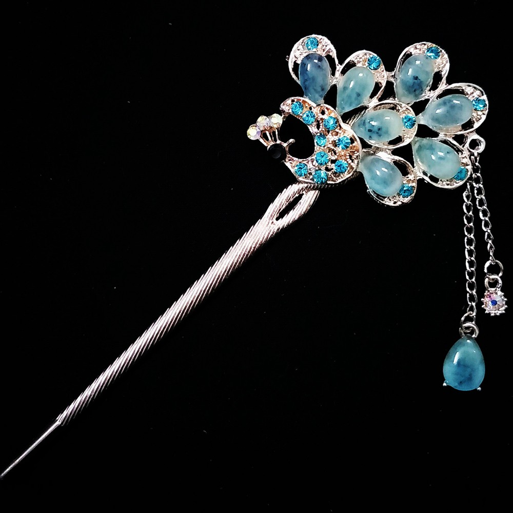 Trâm cài tóc đính đá họa tiết chim công tua rua vintage