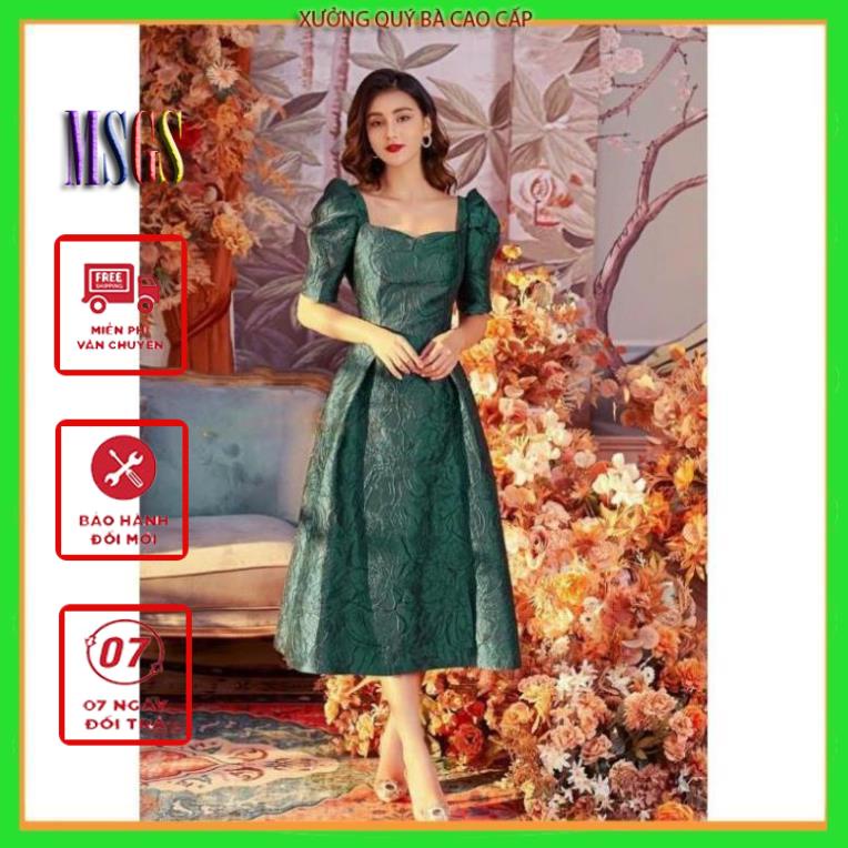 SHOP DẠ HỘI Đầm gấm cổ vuông tay lỡ cao cấp tặng hoa tai