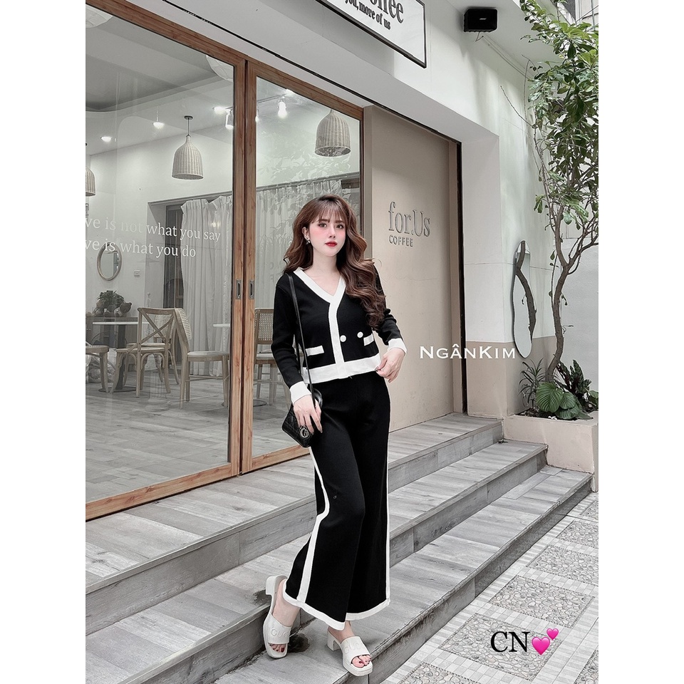 Set bộ len trơn viền cổ V 2 khuy