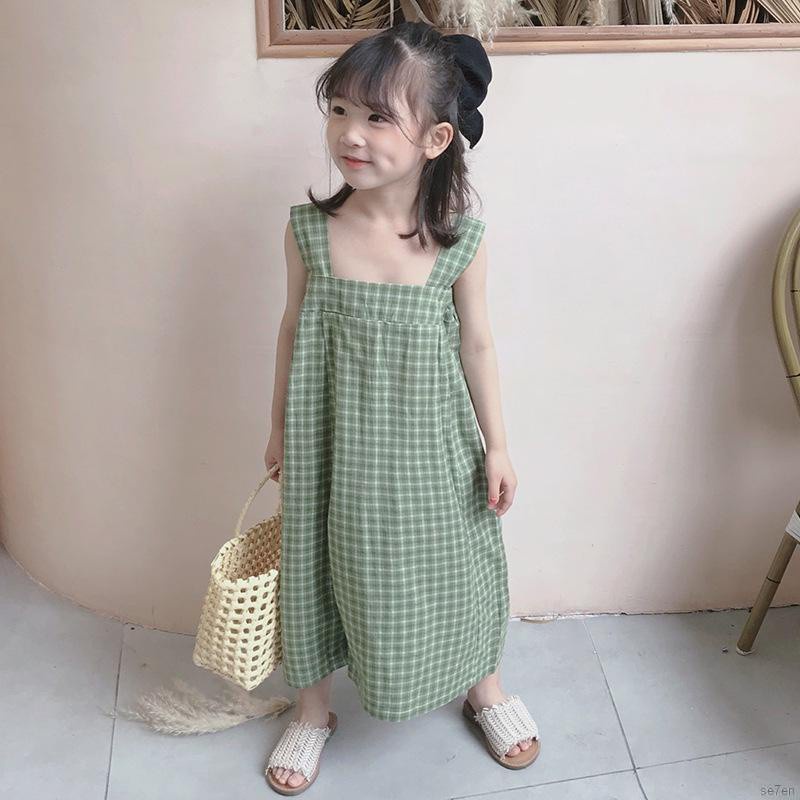 Bộ áo liền quần hai dây sọc ca rô phong cách Hàn Quốc cho bé gái từ 3-8 tuổi