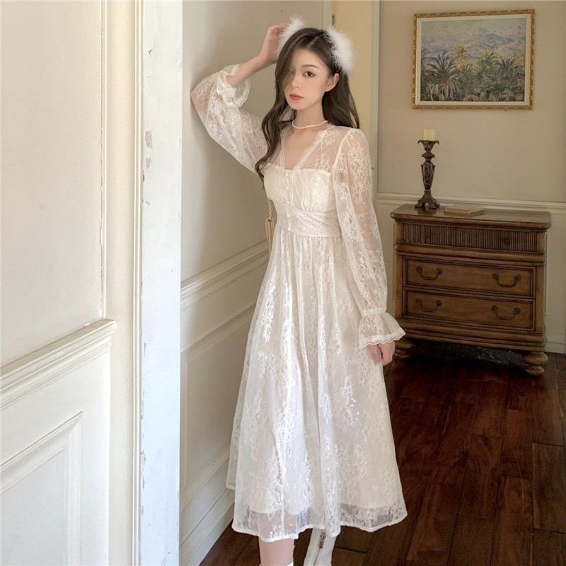 Váy trắng dài cổ tích váy công chúa váy cổ tích ulzzang taobao bling bling