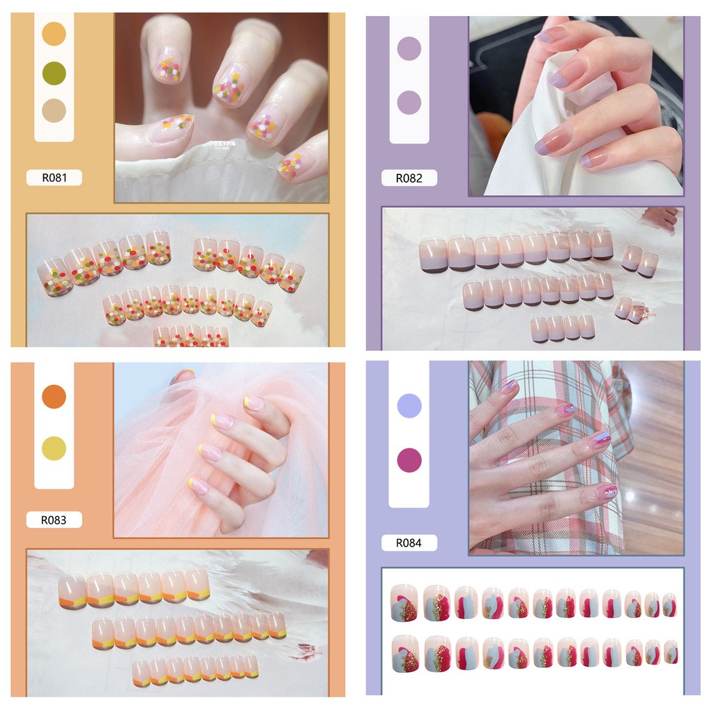 Bộ nail móng tay giả trang trí 3D 24 miếng có keo kèm theo xinh xắn R081-R100 chống thấm nước