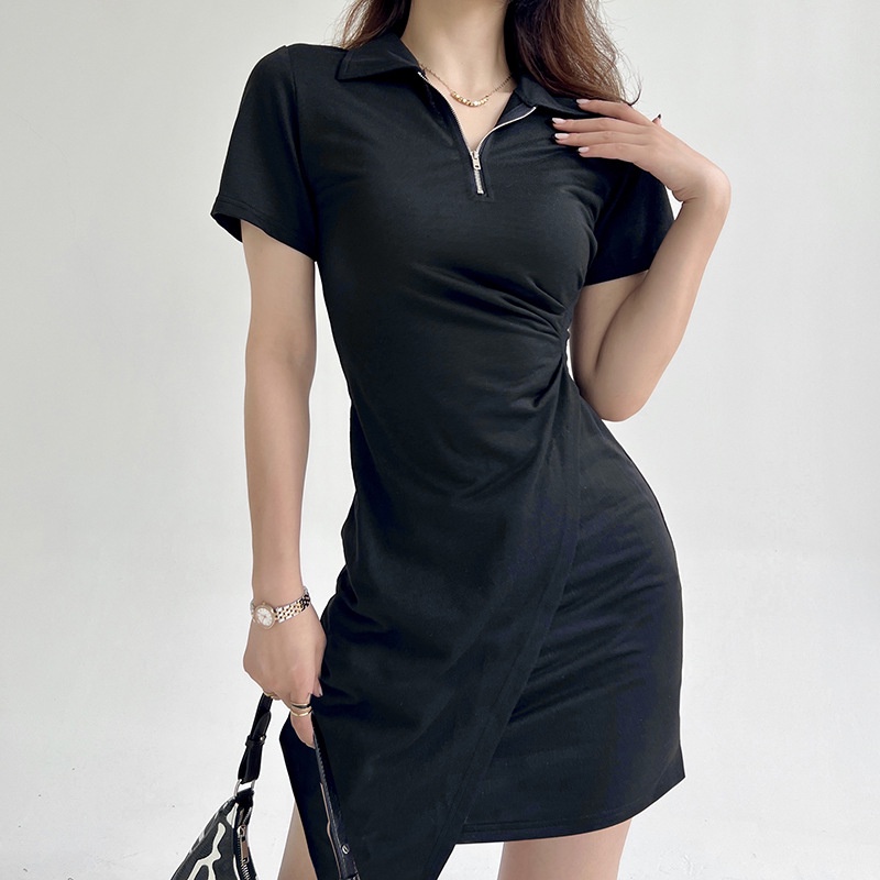 Đầm Ngắn Tay Cổ Polo Phối Khóa Kéo Lệch Cá Tính