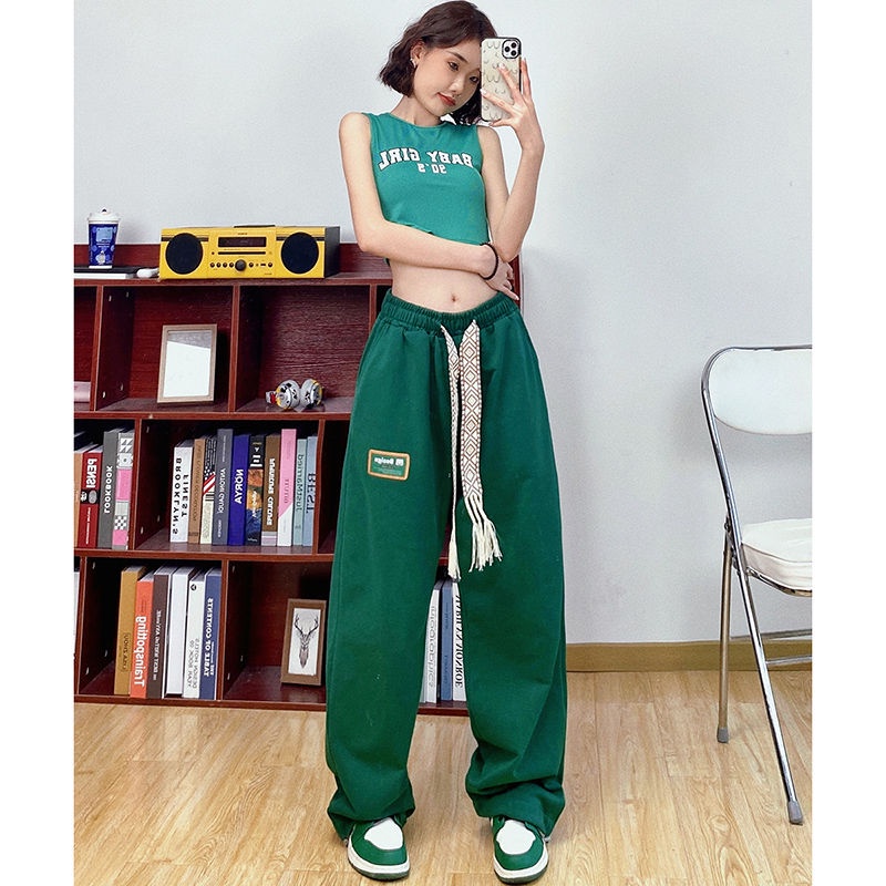 Quần thể thao màu xanh lá cây dây rút phong cách thời trang Mỹ mùa xuân thu 2022 cổ điển