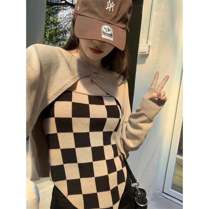 QKOOLE  Áo hai dây dệt kim sọc ca rô và áo khoác dệt kim phong cách Hàn Quốc dành cho nữ