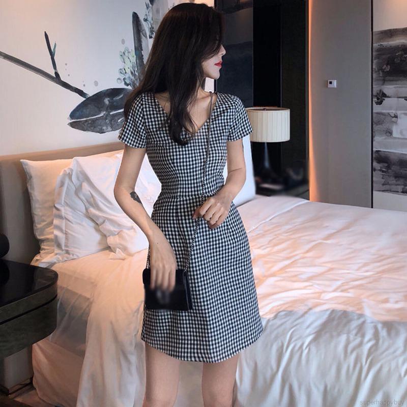 Đầm Midi Cổ Chữ V Họa Tiết Sọc Caro Phong Cách Retro Thời Trang Mùa Hè Cho Nữ