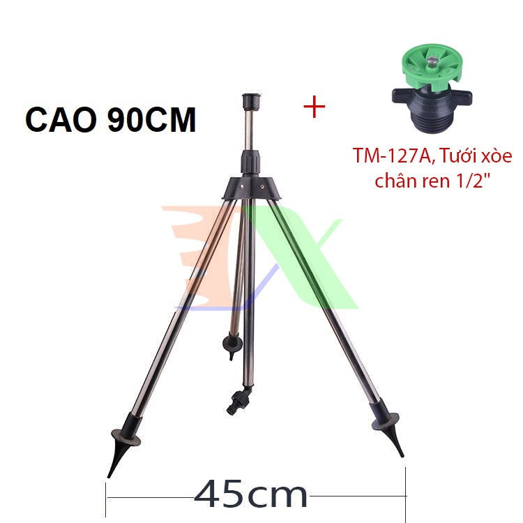 Đầu tưới xoay 360° phun mưa TM-127A, Tưới phun xòe + Chân cắm Tripob 3 chân