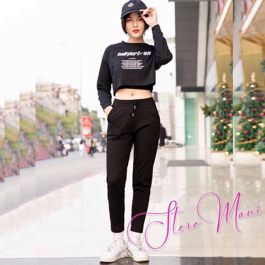 Quần thể thao nữ đen dài dáng baggy có túi vải Umi Quần jogger dây rút nữ cạp chun màu Đen đi học thể dục