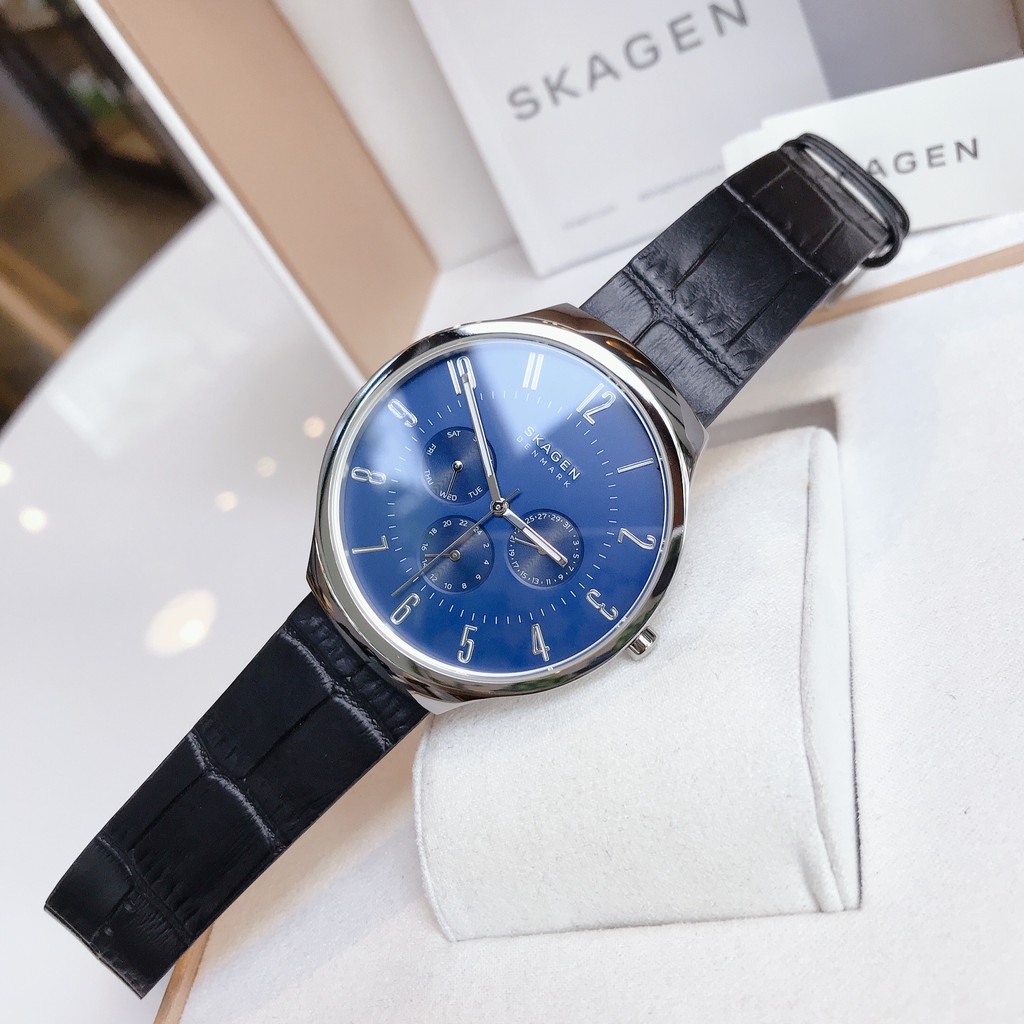 Đồng hồ Nam Skagen SKW6535 Grenen mặt xanh blue dây da đen