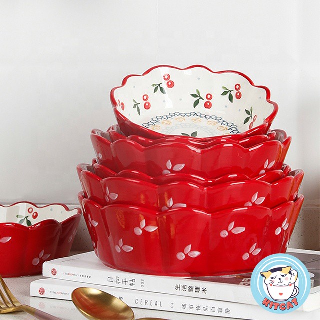 Bộ bát đĩa Cherry gốm sứ, thố Cherry handmade viền sóng dễ thương, hình trái tim độc đáo Hàn Quốc Nhật Bản KITCAT STORE
