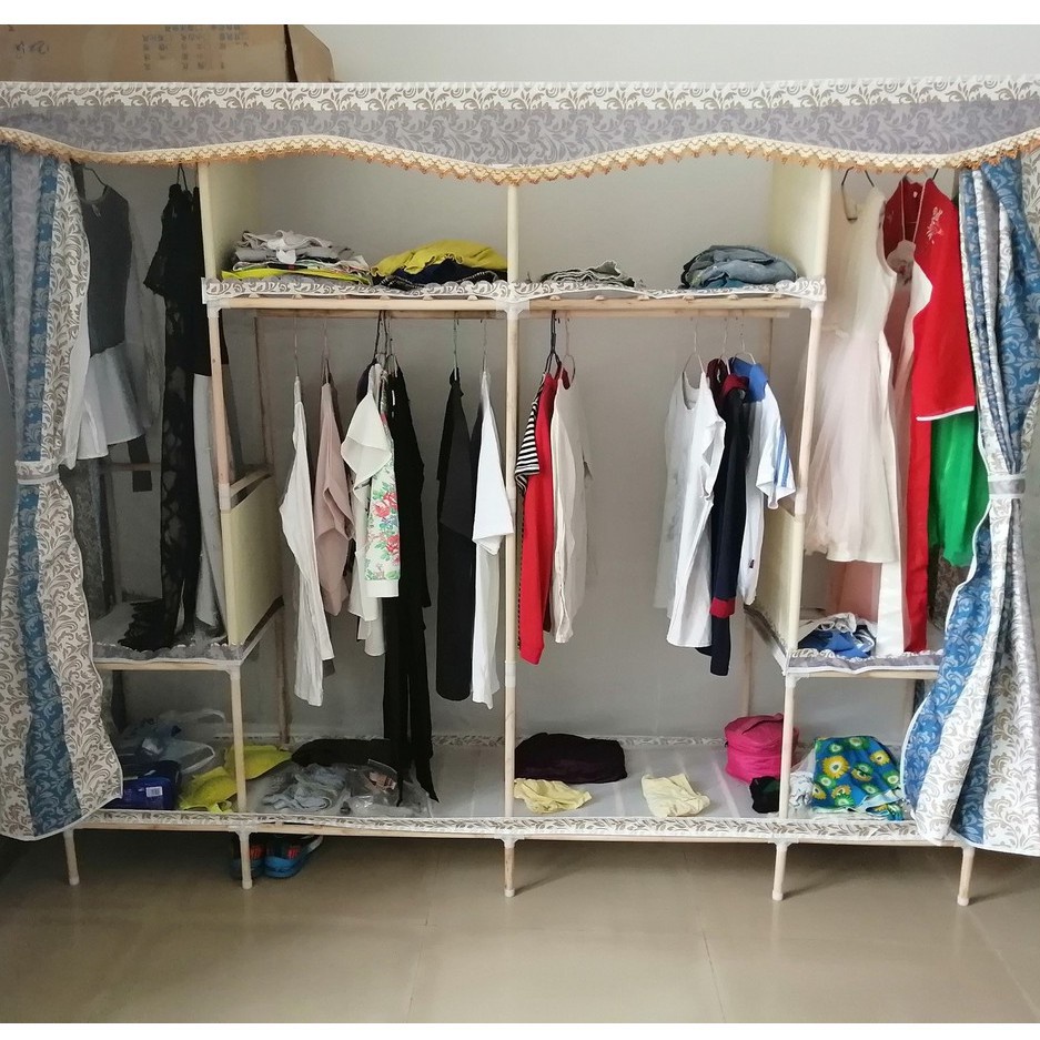 Tủ quần áo Vải Khung Gỗ Bọc Nhựa Đựng Quần Áo Vải Tủ Vải 4 Buồng Khung 8 Ngăn Gỗ Cỡ Lớn
