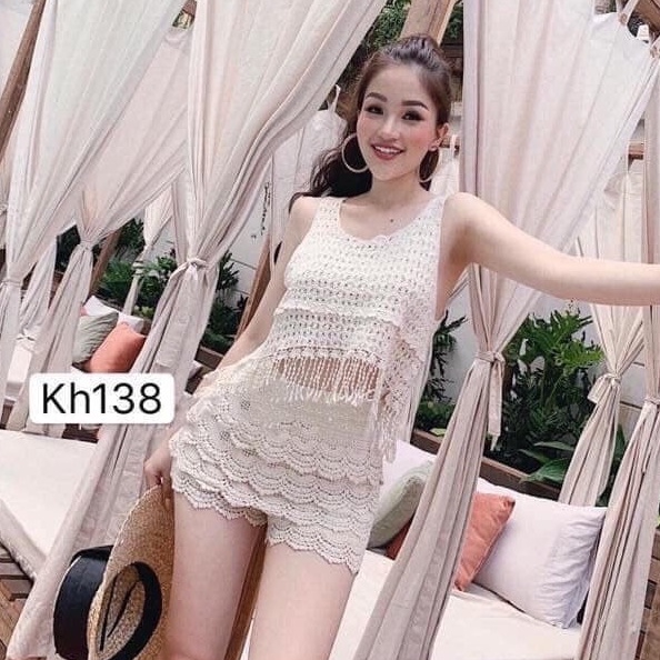 Set ren dệt kim bikini đi biển dáng mới nhiều màu sexy gợi cảm