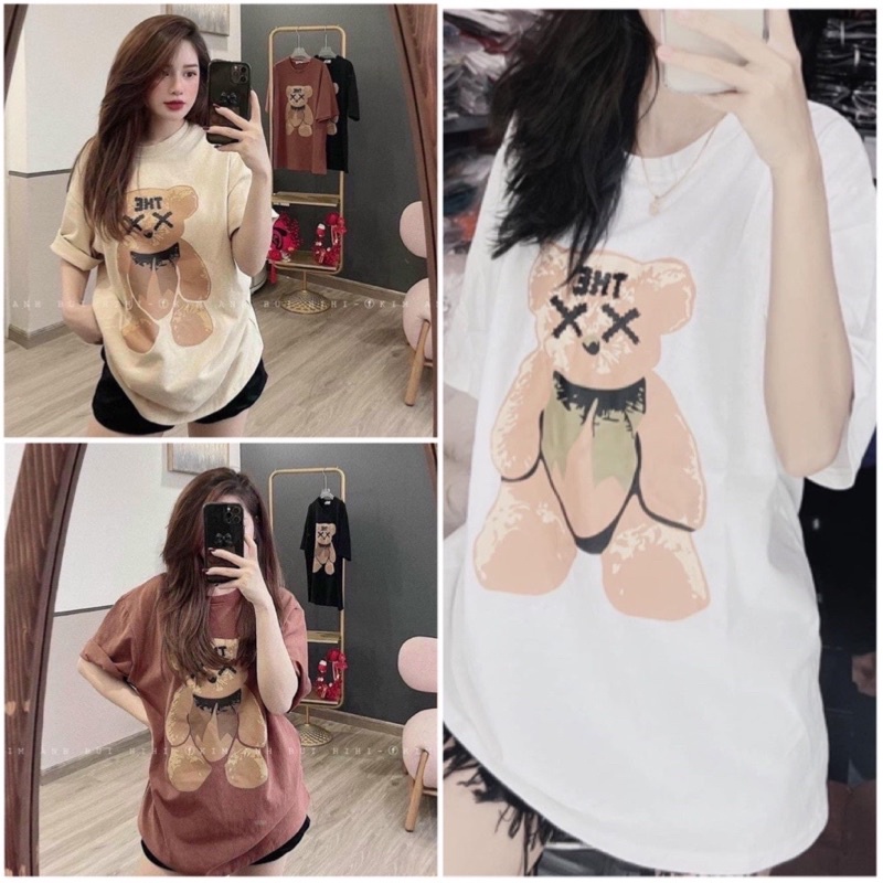 Áo thun tay lỡ hình gấu lớn, áo phông nữ form rộng chất đẹp, thoáng mát màu sắc nét