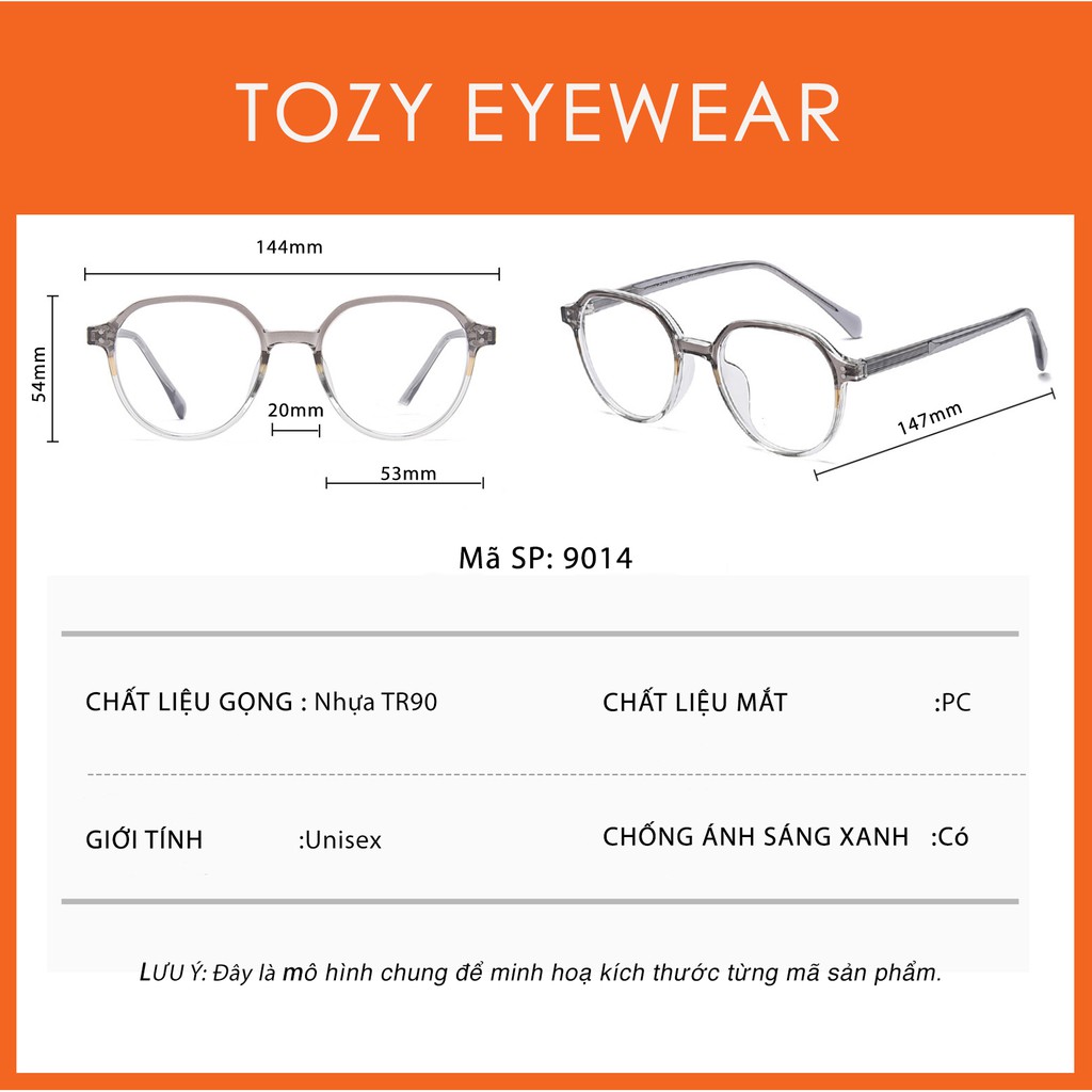 Gọng kính cận, thời trang giả cận thiết kế unisex chính hãng TOZY chất liệu nhựa dẻo mắt tròn - 9014