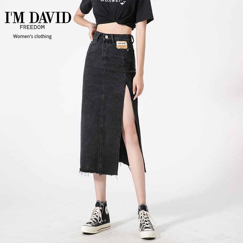 FREEDOM  Tôi là David / Love Váy denim xẻ tà nữ cạp cao mùa hè 2021 kiểu mới dài giữa một đường