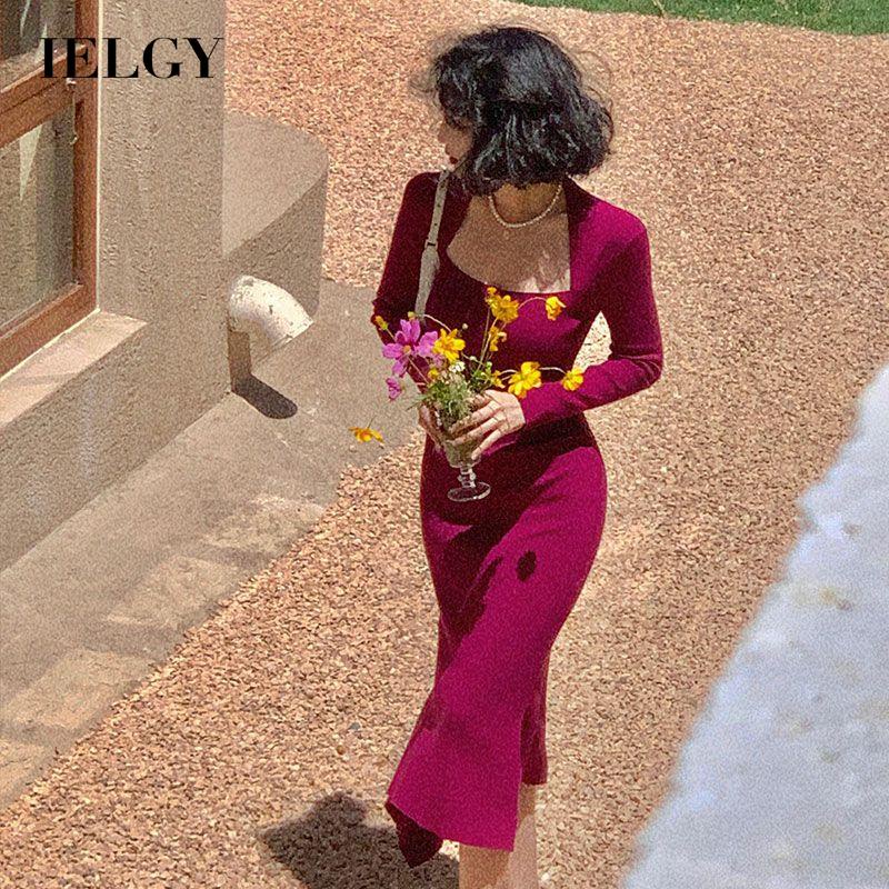 Đầm IELGY dệt kim tay dài cổ vuông phong cách Hong Kong cổ điển thời trang cho nữ