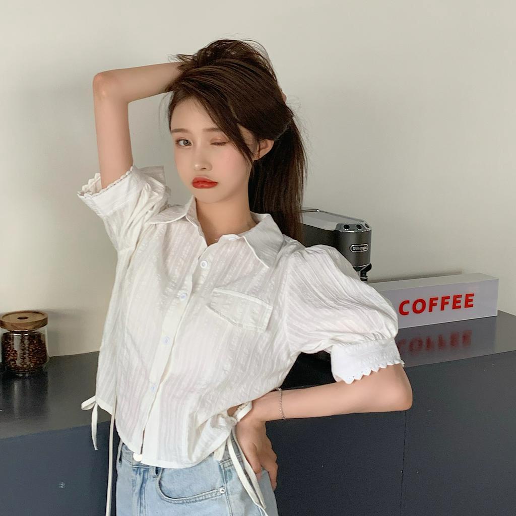 Áo kiểu cho nữ ngắn tay cổ chữ V xếp ly thời trang