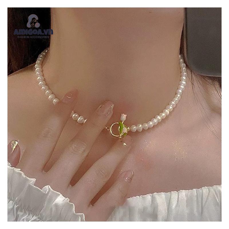 ✨✨Vòng cổ Mặt Hoa Tulip Hồng Đính Ngọc Trai Thanh Lịch