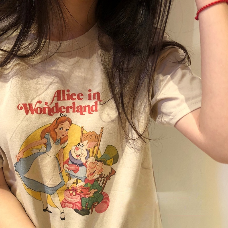 Áo thun SUXI ngắn tay dáng rộng in họa tiết cổ điển phong cách Hàn Quốc