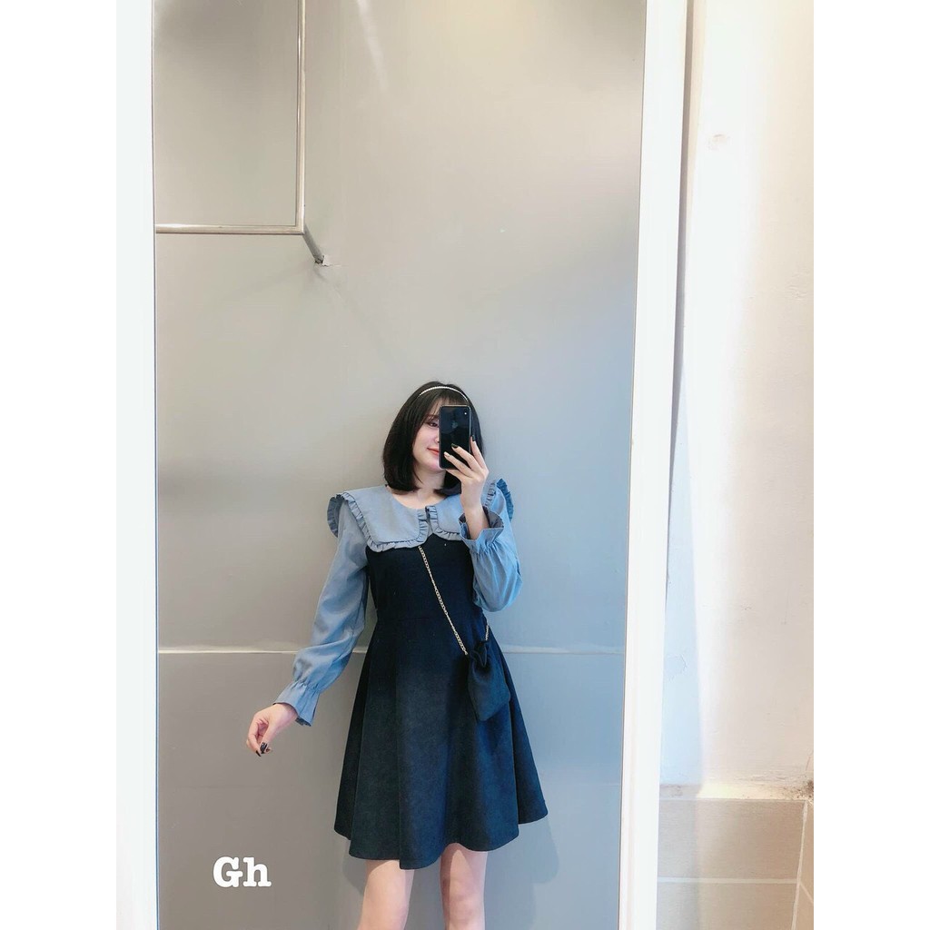 Đầm Xòe Tay Bồng Phối Màu Cổ Bèo, Váy Xòe Dáng Vintage Chất Nhung Tăm Kèm Túi Dây Xích Thời Trang Thu Đông Sang Chảnh | BigBuy360 - bigbuy360.vn