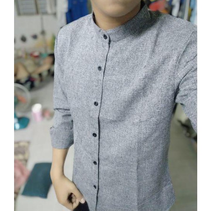 Áo Sơ Mi Xám Dáng Ôm Body Cổ Tàu | BigBuy360 - bigbuy360.vn