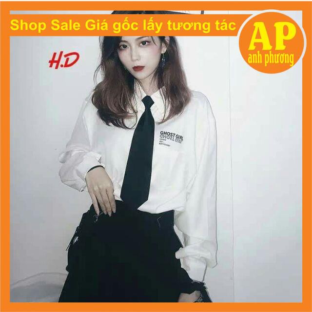 Áo sơmi dài tay kèm cavat ghost❤️gồm sơ mi trắng chất thô lụa có in chữ ở túi❤️kèm cavat cá tính❤️phong cách hàn quốc