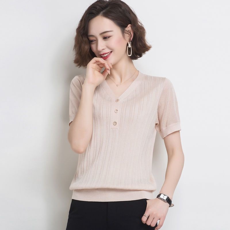 Áo Thun Tay Ngắn Cổ Chữ V Dáng Rộng Màu Sắc Thời Trang Cho Nữ Trung Niên