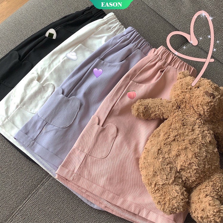 Quần Short Cotton Ống Rộng Màu Trơn Phối Túi Hình Gấu Dễ Thương Phong Cách Nhật Bản Thời Trang Mùa Hè Cho Nữ