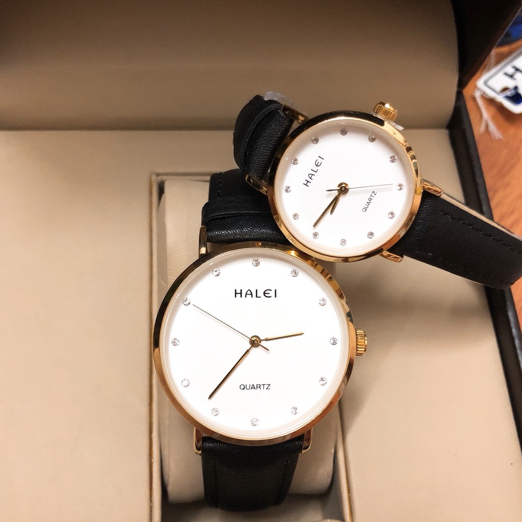 Đông hồ cặp nam nữ HALEI máy Nhật chính hãng dây da đen mặt trắng tròn size 39mm 28mm số hạt chống xước chống nước HL542 | BigBuy360 - bigbuy360.vn