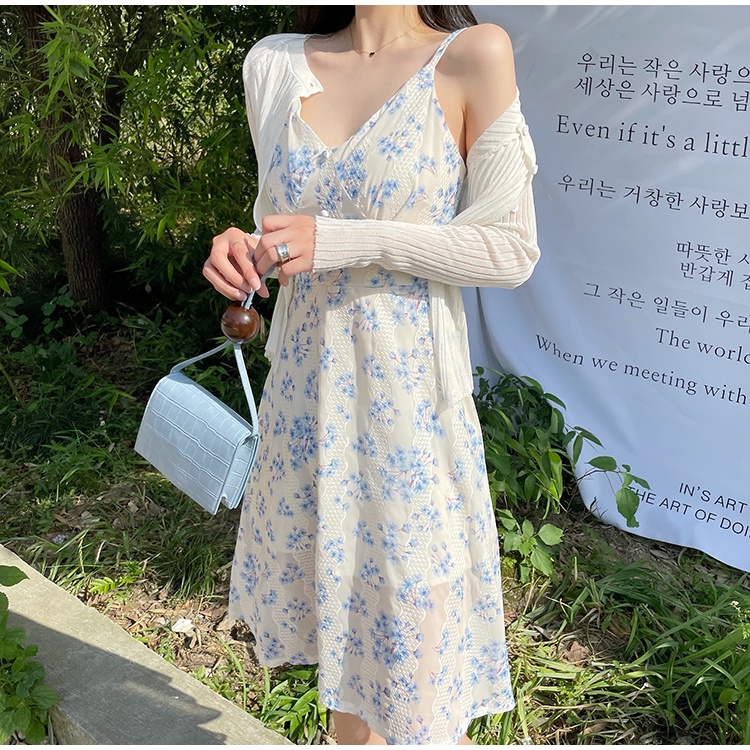 Xiaozhainv Korean fashion long-sleeved knitted cardigan/embroidered floral chiffon V-neck midi suspender dress suit women (order separately)