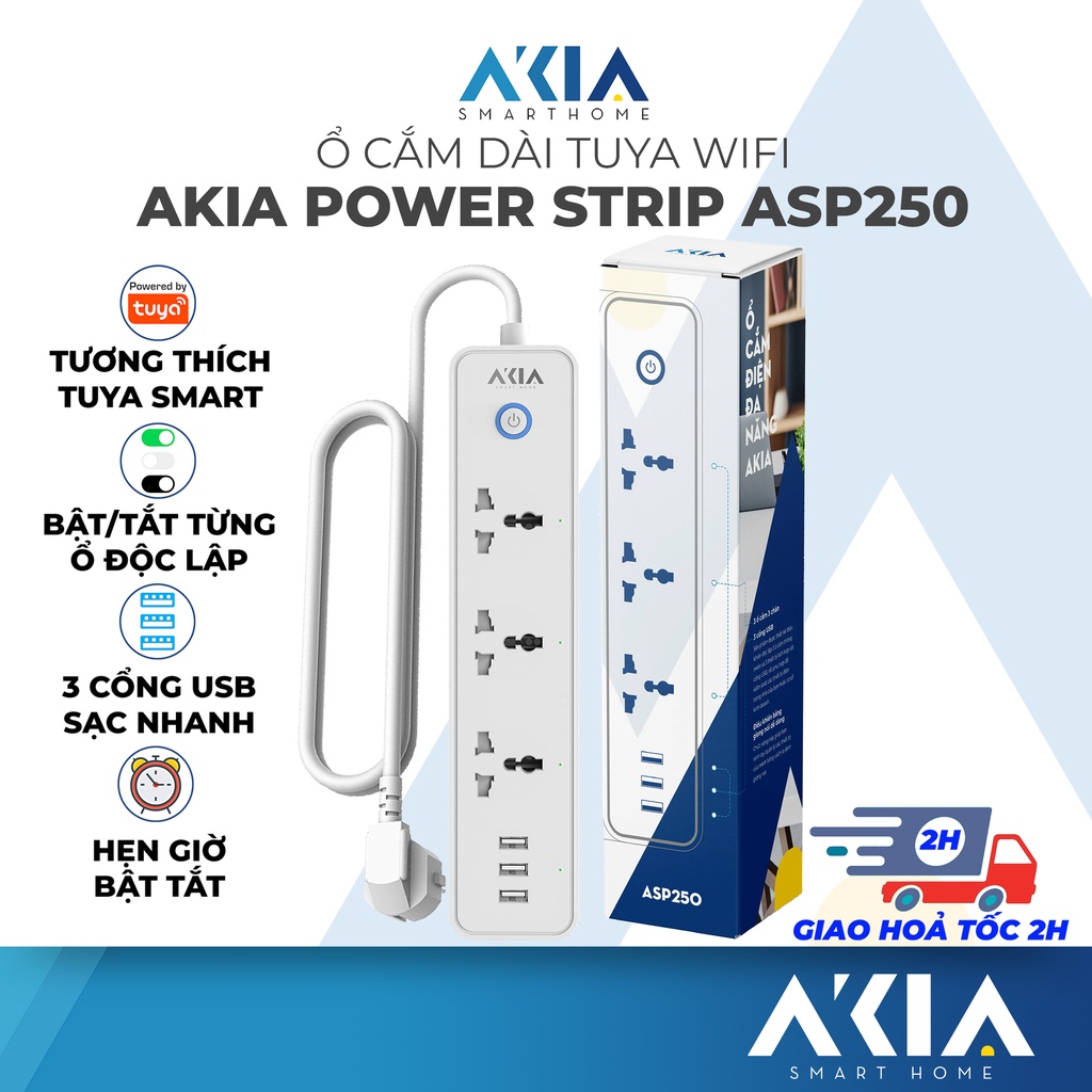 Ổ cắm điện thông minh Tuya wifi AKIA ASP250 - 3 ổ điều khiển độc lập, 3 jack USB sạc nhanh, tương thích Smart Life