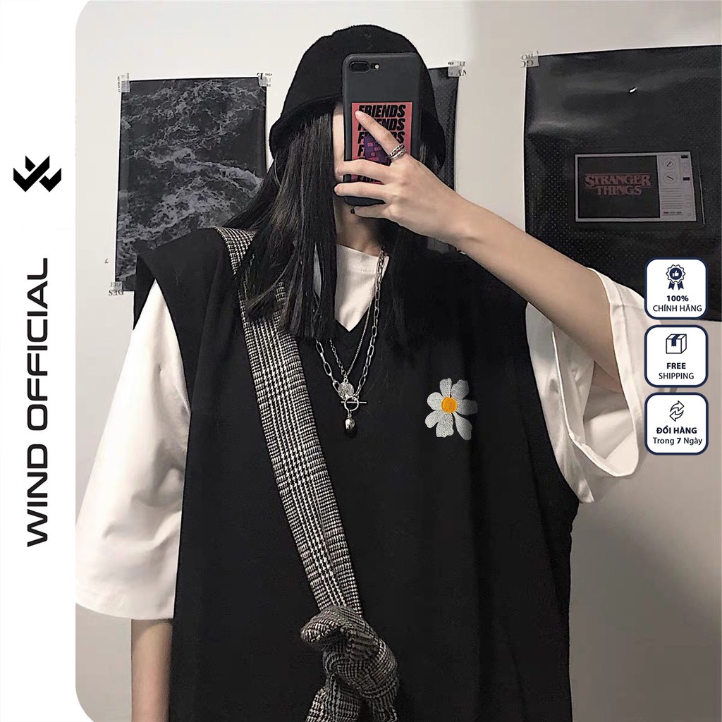 Áo gile unisex WIND form rộng Thêu Hoa Cúc nam nữ oversize phong cách ulzzang