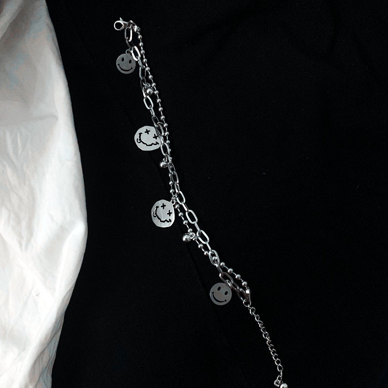 Vòng Tay Hai Lớp Bằng Thép Titan Họa Tiết Mặt Cười Phong Cách Hàn Quốc