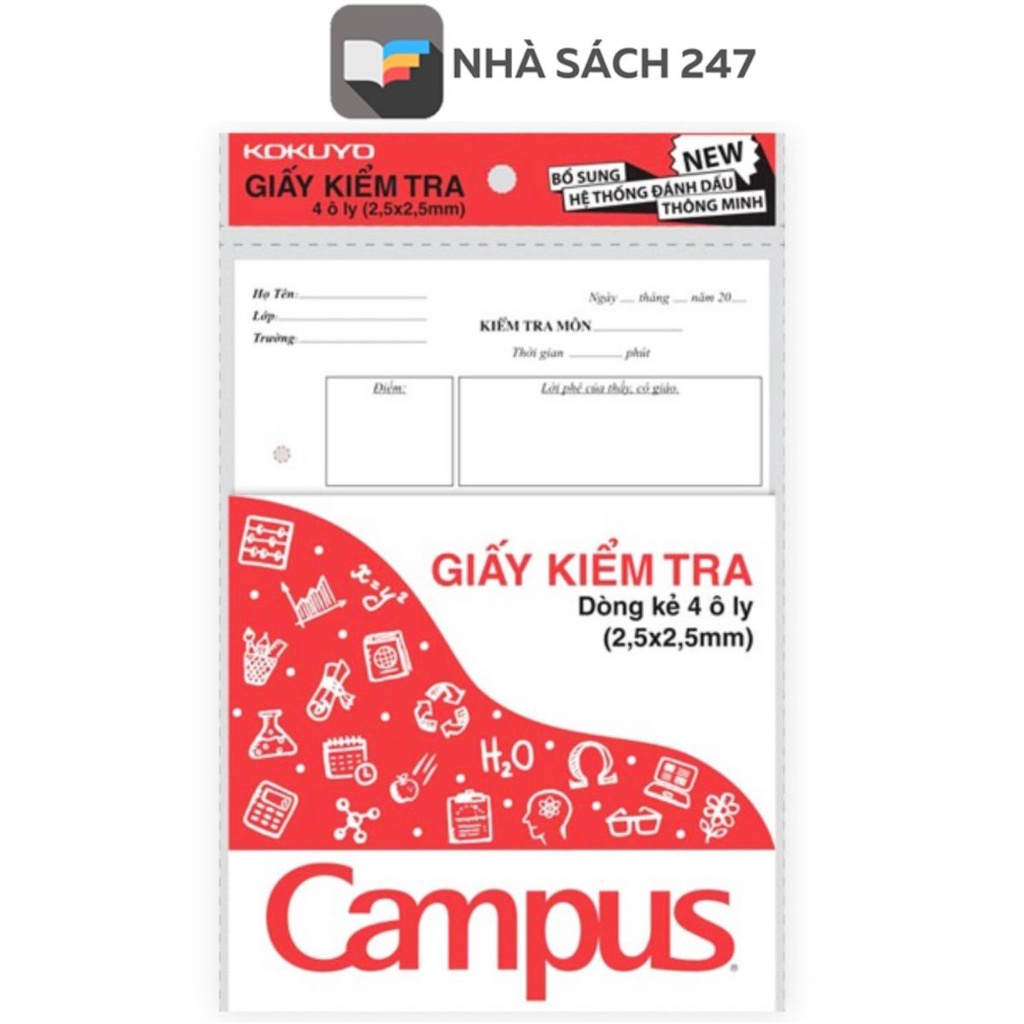 Tập giấy kiểm tra ô ly Cấp 1 Campus giấy mềm mịn bám mực tốt kết hợp với dòng 4 ô ly tiêu chuẩn, tiện lợi