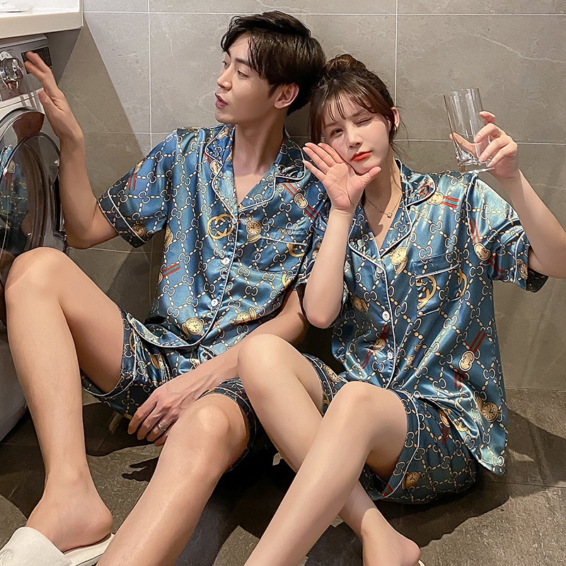 Bộ Đồ Ngủ Vải Lụa Satin Tay Ngắn Thời Trang Hàn Quốc Cho Cặp Đôi Plus Size M-5XL Baju Tidur luyoo28