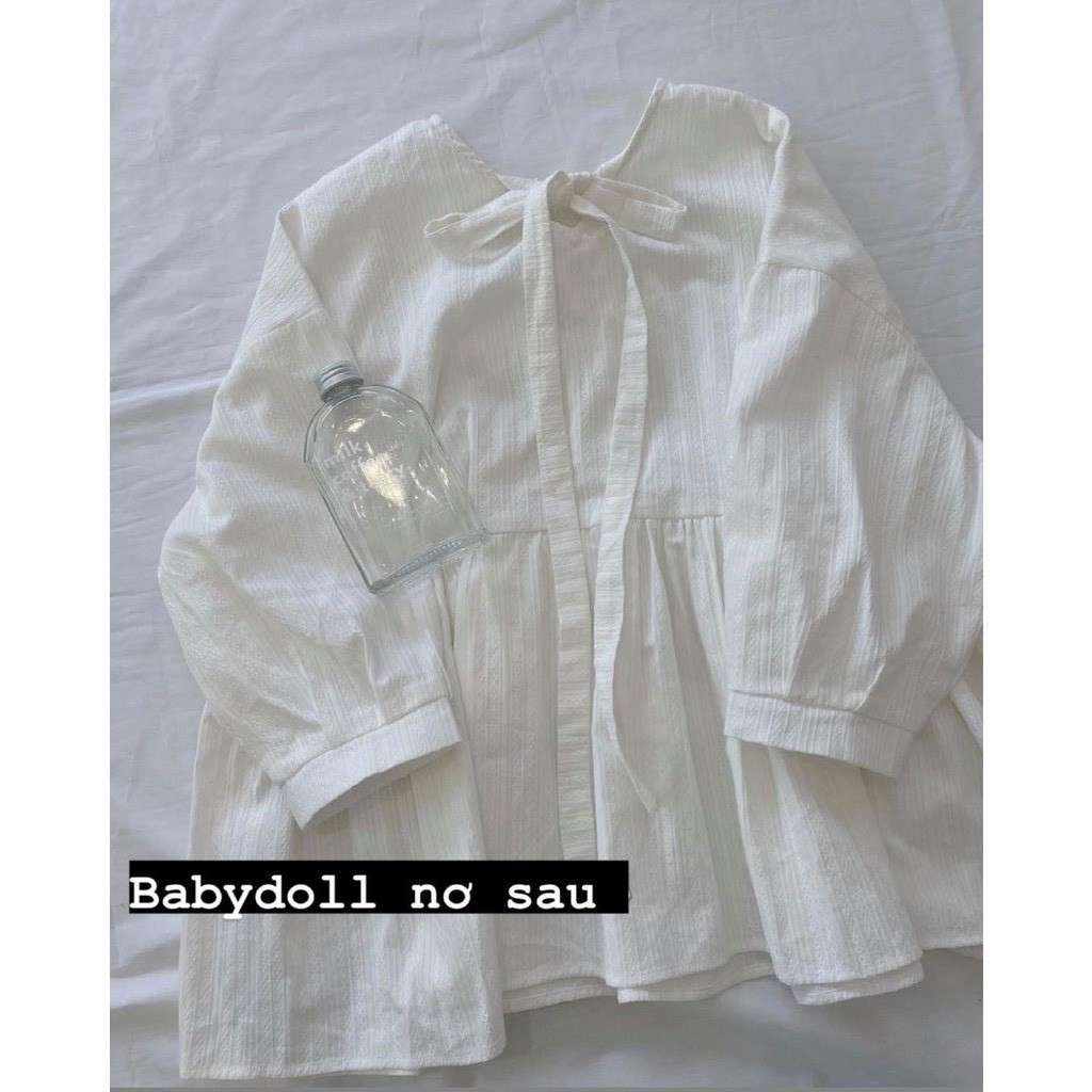 Áo babydoll thô đũi dài tay nơ lưng, áo kiểu ulzzang xinh xắn form rộng