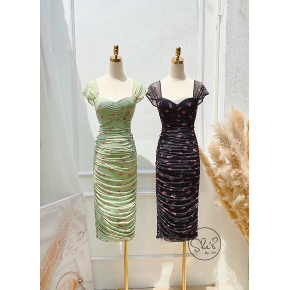 Đầm body lưới nhún hoa nhí tay cánh tiên