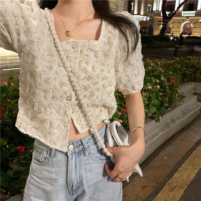 Áo Kiểu Tay Ngắn Phồng Phối Lưới Họa Tiết Hoa Phong Cách Pháp Ngọt Ngào Cho Nữ  tao bao