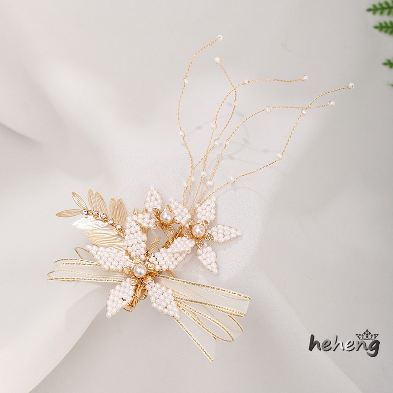 1 Bộ Kẹp Tóc Hình Hoa Lá Đính Đá &amp; Ngọc Trai Giả Thanh Lịch Cho Cô Dâu